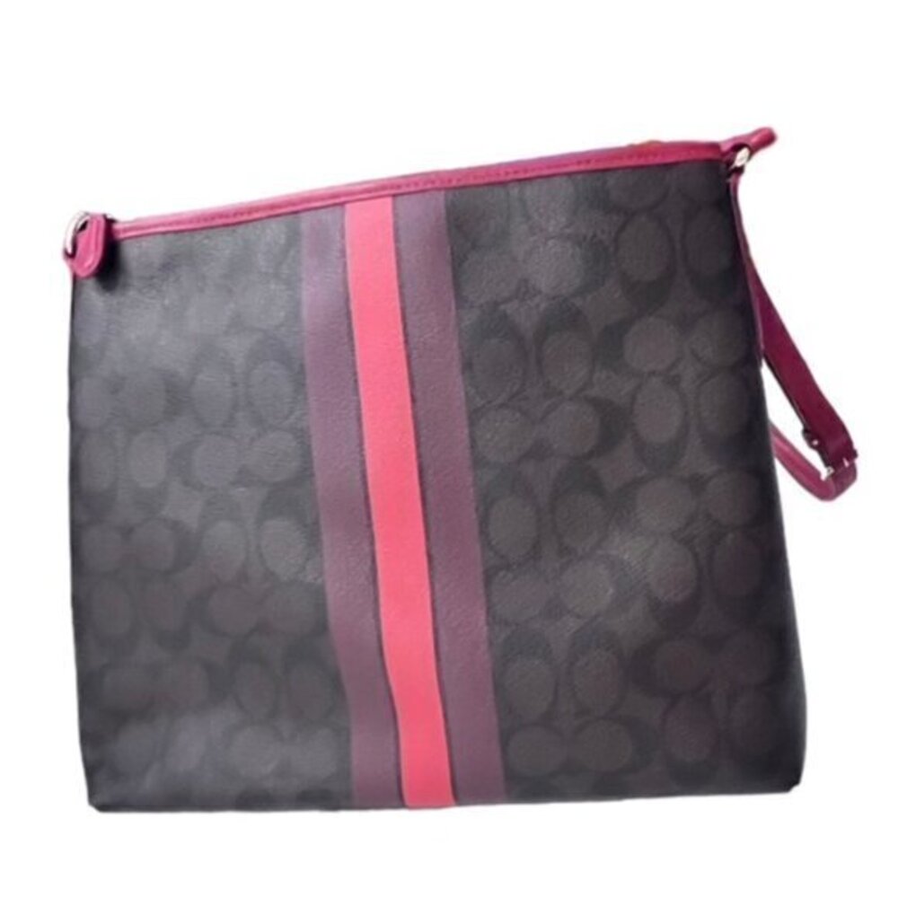 🎉SALE🎉 COACH Signature Varsity Stripe Crossbody Bag Brown Red‎ PVC - Picture 9 of 16